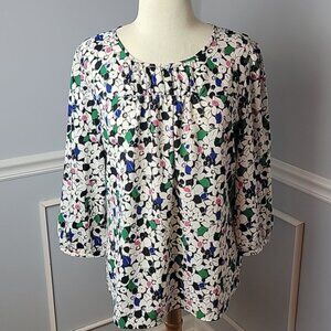 TALBOTS Black White Floral Printed Ruched Scoop Neck Peasant Sleeve Blouse Top M